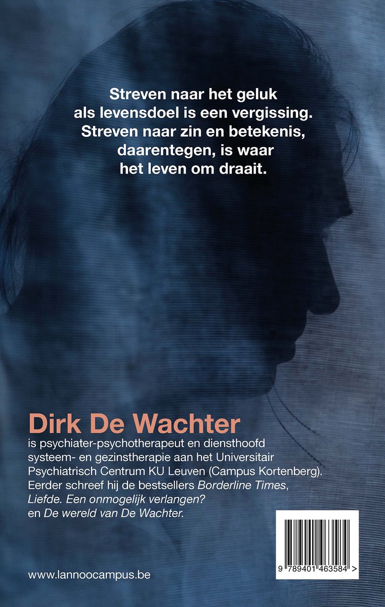 Boekomslag met de titel 'Dirk De Wachter'. Een schaduw van een profiel en tekst over zijn werk.