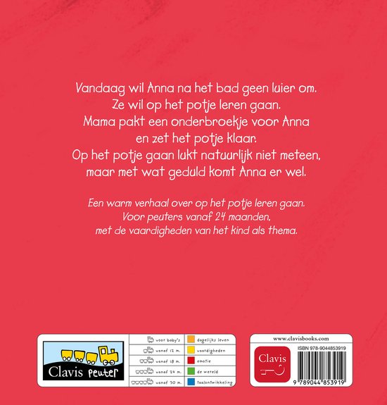 Achterkant van het boek "Anna en haar potje" met tekst en illustraties van treinen.