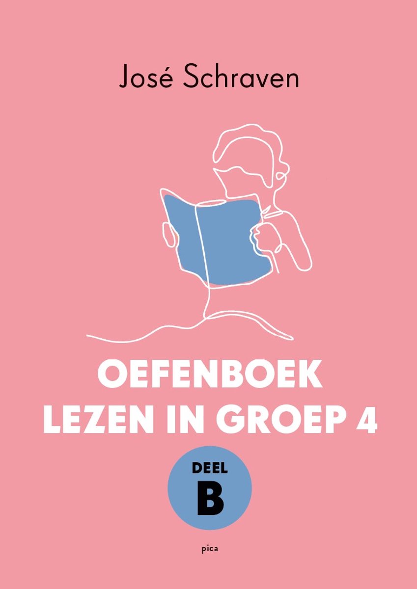 Roze kaft met kinderillustratie van lezend kind, titel 'OEFENBOEK LEZEN IN GROEP 4 DEEL B'.