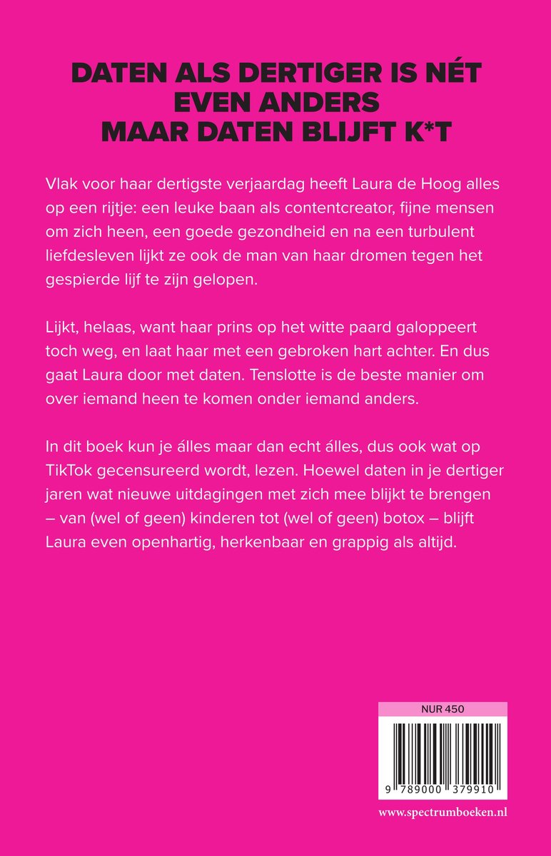 Achterkant van het boek "Daten als dertiger is net even anders, maar daten blijft k*t" met tekst over Laura de Hoog.