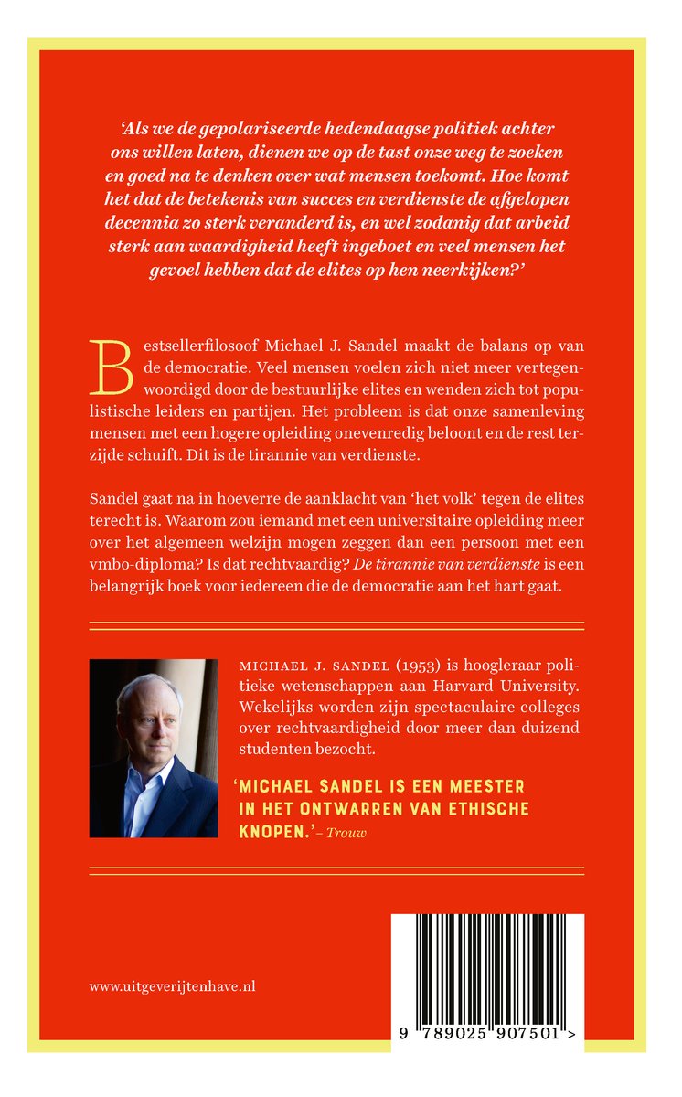Achterkant van een boek met tekst in het Nederlands, een portretfoto van Michael J. Sandel en een barcode.