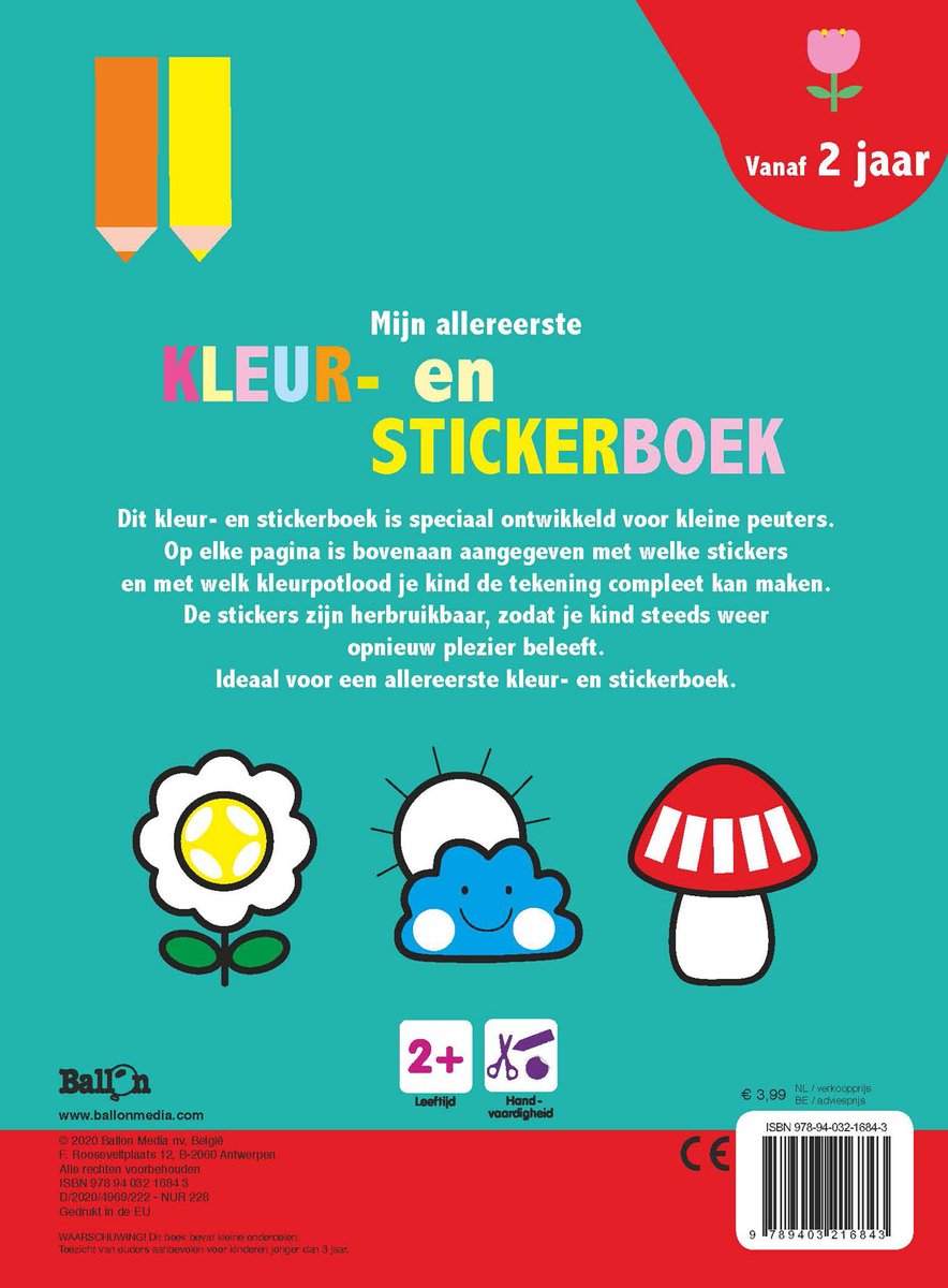 Achterkant van 'Mijn allereerste kleur- en stickerboek 2+' met uitleg, afbeeldingen van een bloem, zon en paddenstoel.