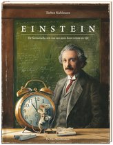 Boek 'Einstein' met afbeelding van Albert Einstein, een wekker en een muis, met wiskundige formules op de achtergrond.