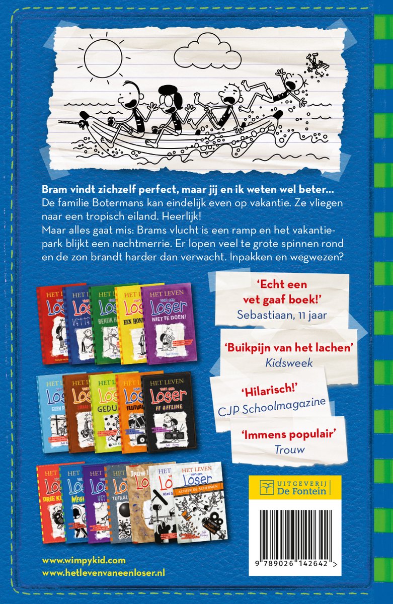 Boekcover met tekening van vakantie met een boot en de tekst 'Bram vindt zichzelf perfect, maar jij en ik weten wel beter...'. Meerdere boeken gestapeld.