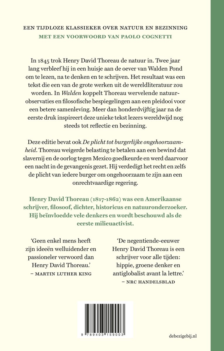 Boek kaft met tekst over Henry David Thoreau's Walden.
