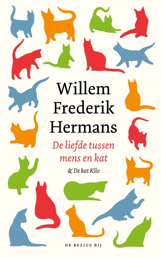Boek met op de voorkant 'Willem Frederik Hermans - De liefde tussen mens en kat & De kat Kilo' omringd door gekleurde katten silhouetten.