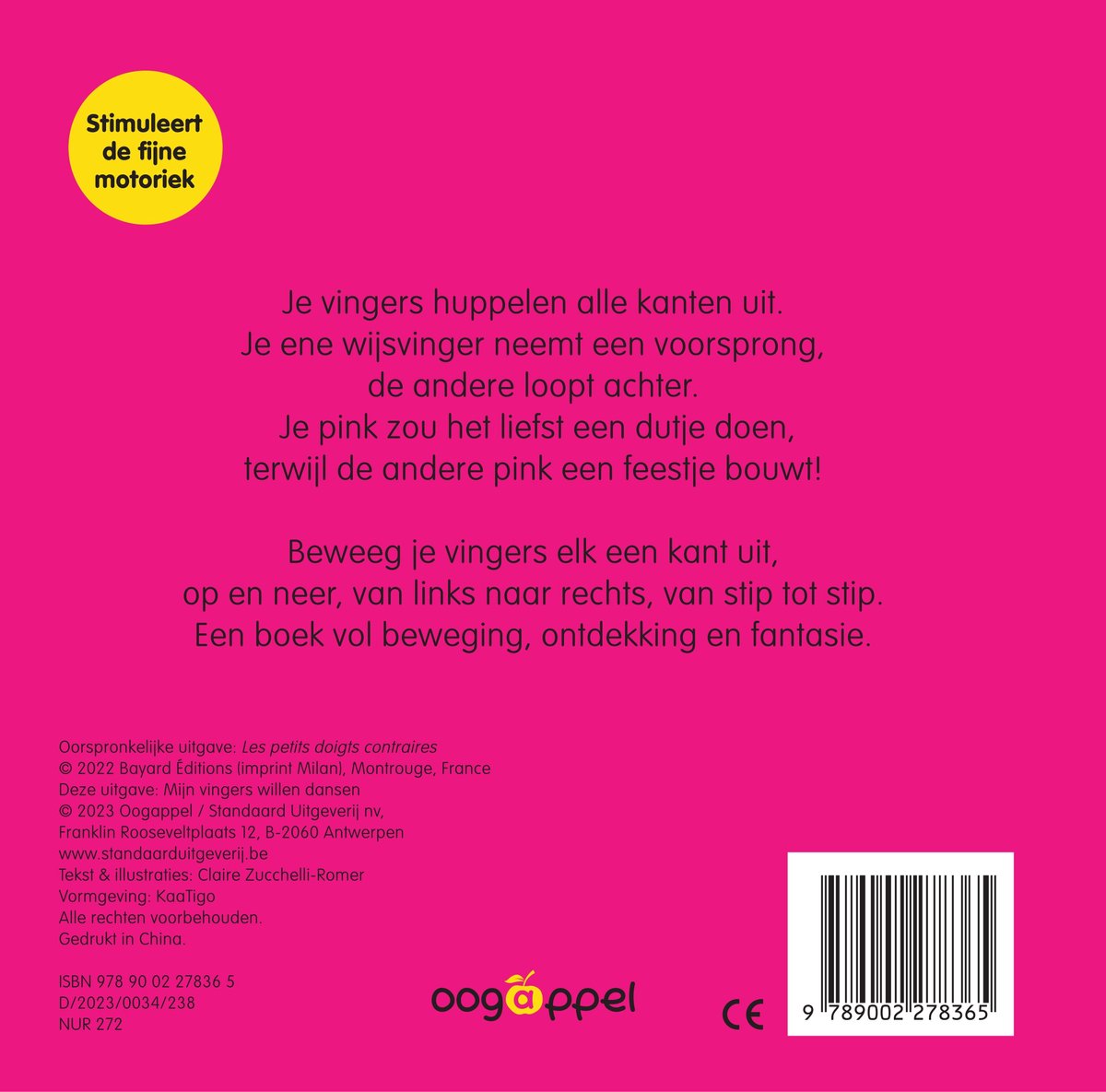 Achterkant van een boek met tekst in het geel en roze, en een gele cirkel met 'Stimuleert de fijne motoriek'.