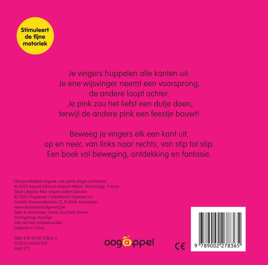 Achterkant van een boek met tekst in het geel en roze, en een gele cirkel met 'Stimuleert de fijne motoriek'.