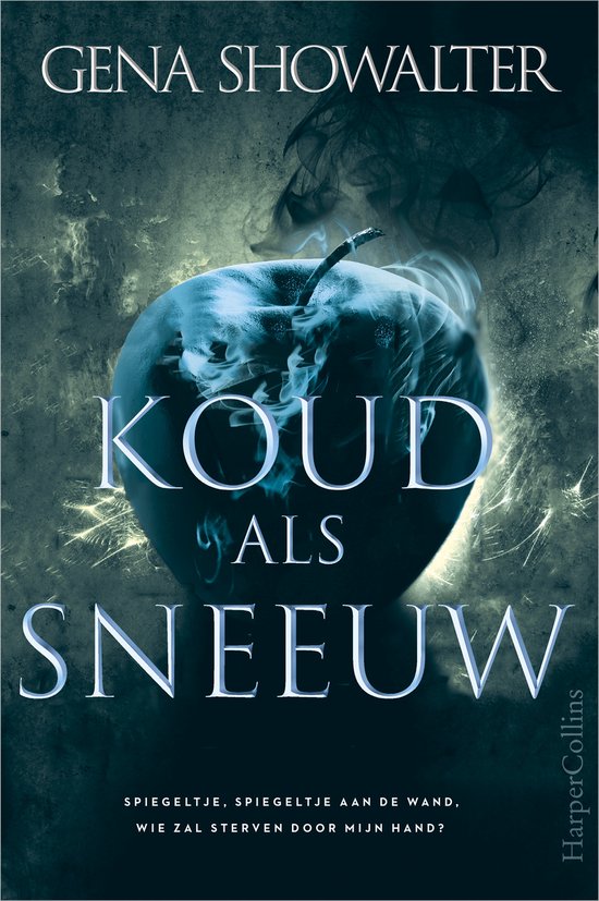 Boekomslag met een blauwe appel omringd door rook en vonken. Titel: Koud als Sneeuw.