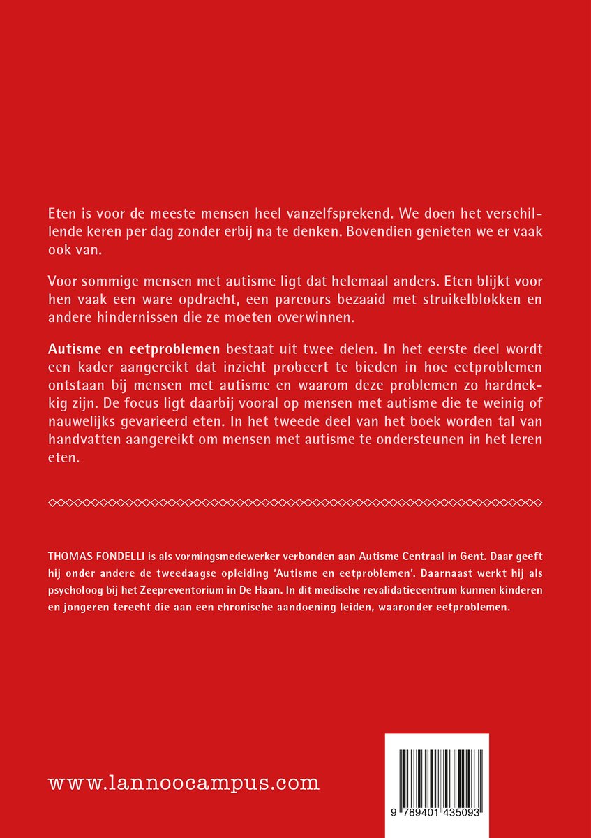Achterkant van een boek over autisme en eetproblemen. Rode achtergrond met witte tekst en een website.