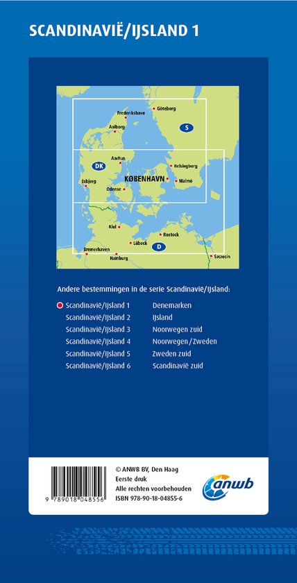 Kaart van Scandinavië/IJsland 1. Bevat steden als Kopenhagen, Göteborg en Hamburg. Diverse landen aangeduid.