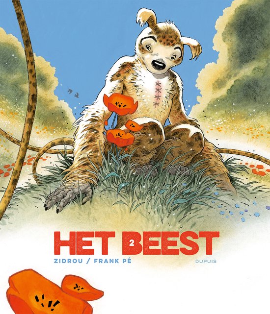 La Bête 2: une créature féline rayée est assise dans l'herbe avec des fleurs et le texte 'HET BEEST 2'.