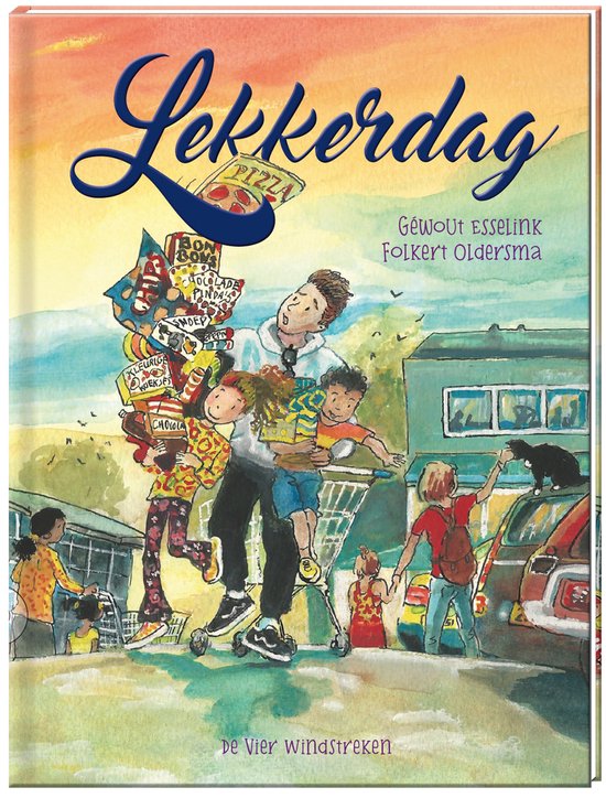 Kinderboek 'Lekkerdag' met een vrolijke illustratie van een gezin dat boodschappen doet, met veel snoep en lekkernijen.