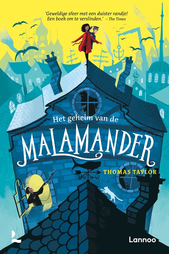 De voorkant van het boek 'Het geheim van de Malamander'. Een illustratie van een huis met twee kinderen erop en omringd door gebouwen.