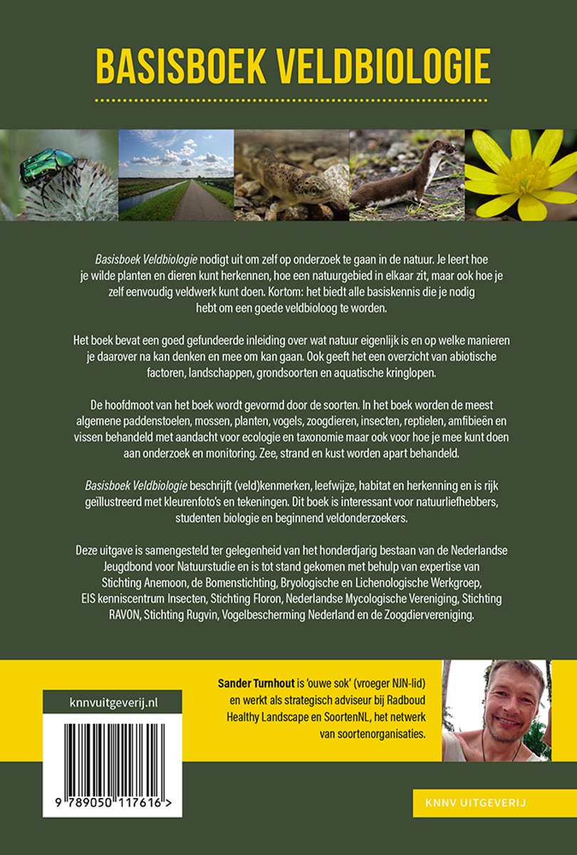 Boek: Basisboek Veldbiologie, met afbeeldingen van diverse dieren en planten, een landschap en de auteur.