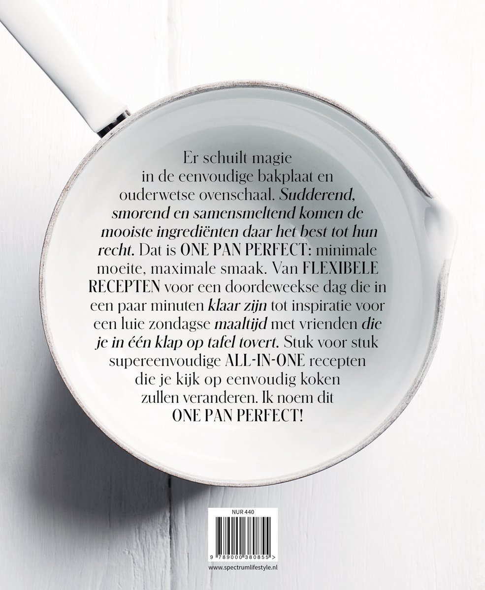 Binnenkant van een kookboek met tekst over "One Pan Perfect".