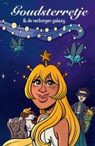 Illustratie 'Goudsterretje & de verborgen galaxy'. Meisje met blond haar, ster op hoofd, en diverse fantasiefiguren op paarse, sterrenhemel achtergrond.