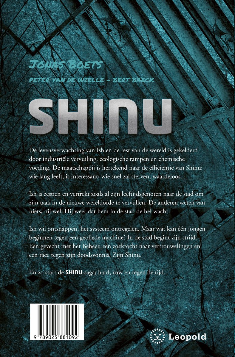 Boekomslag van Shinu, met een donkere, stedelijke achtergrond en de titel in grote, metalige letters. Geschreven door Jonas Boets.