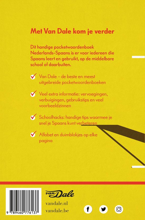 Achterkant van een pocketwoordenboek met tekst over het boek.