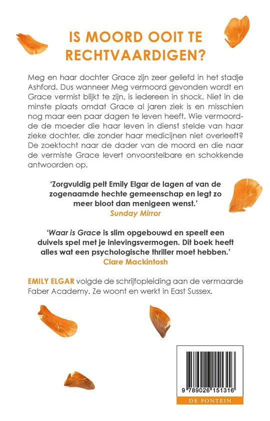 Boekcover met oranje bloemblaadjes en tekst van de achterflap met recensies.