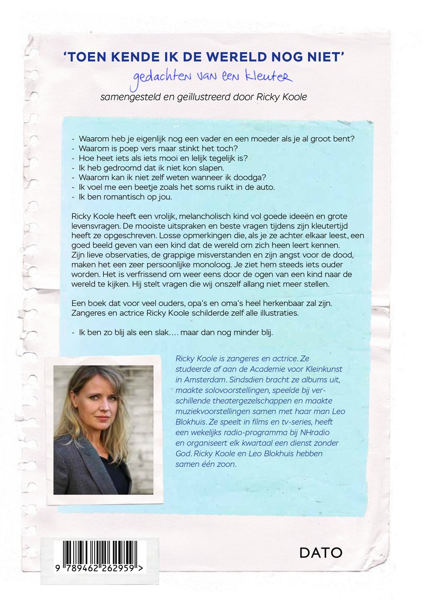 Boek 'Toen kende ik de wereld nog niet', gedichten van een kleuter, samengesteld en geïllustreerd door Ricky Koole. Bevat een foto van Ricky Koole.
