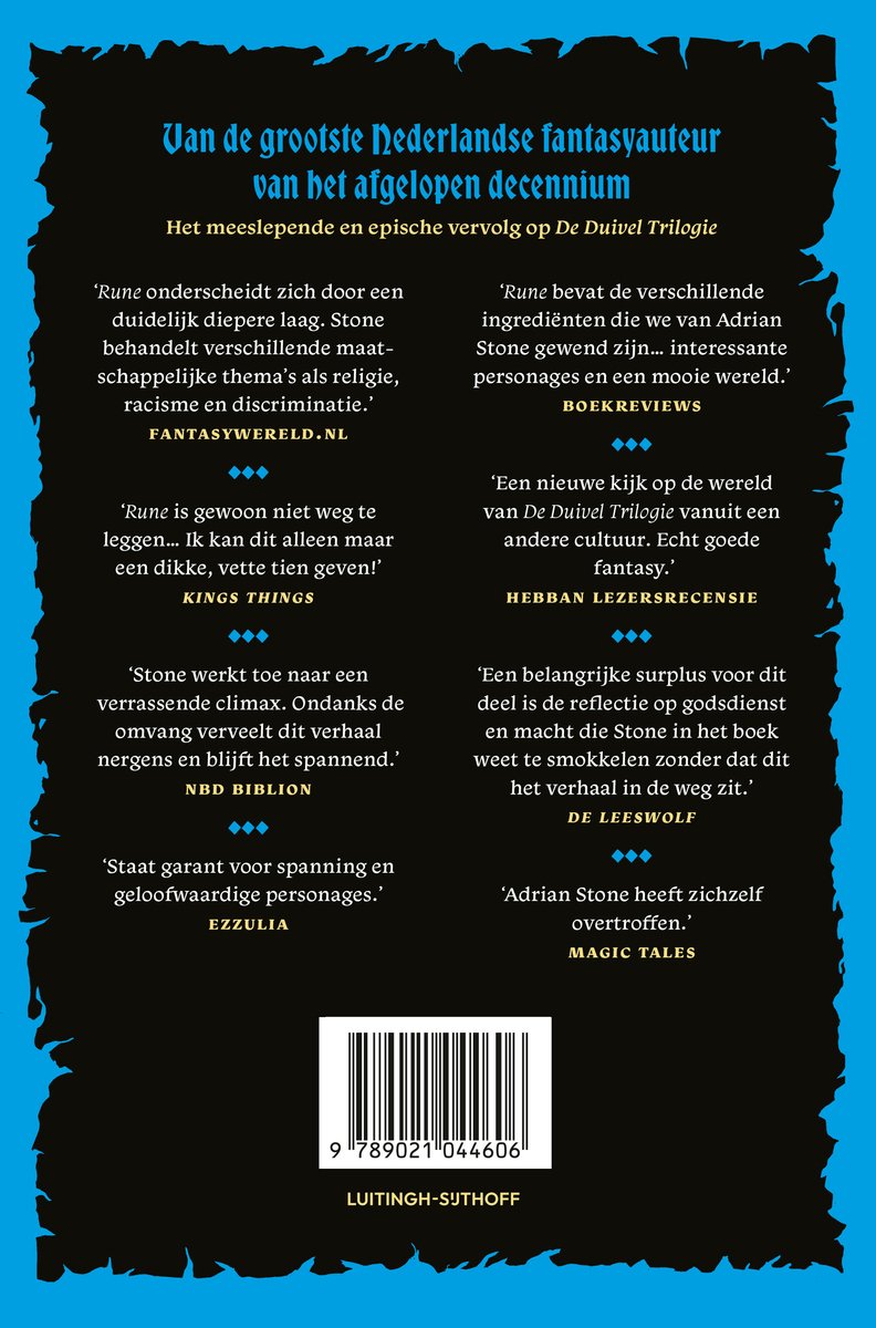 Boekomslag met Nederlandse tekst. De titel 'Rune' wordt vetgedrukt weergegeven, gevolgd door citaten en recensies. Onderaan een barcode met de tekst 'LUITING-SJTHOFF'.