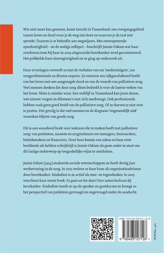 Boekcover van 'Tussenland' met tekst en een QR-code.