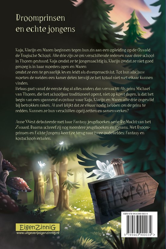 Achterkant van het boek 'Droomprinsen en echte jongens' met tekst en een illustratie van een bos met een bord met 'Thoren'.