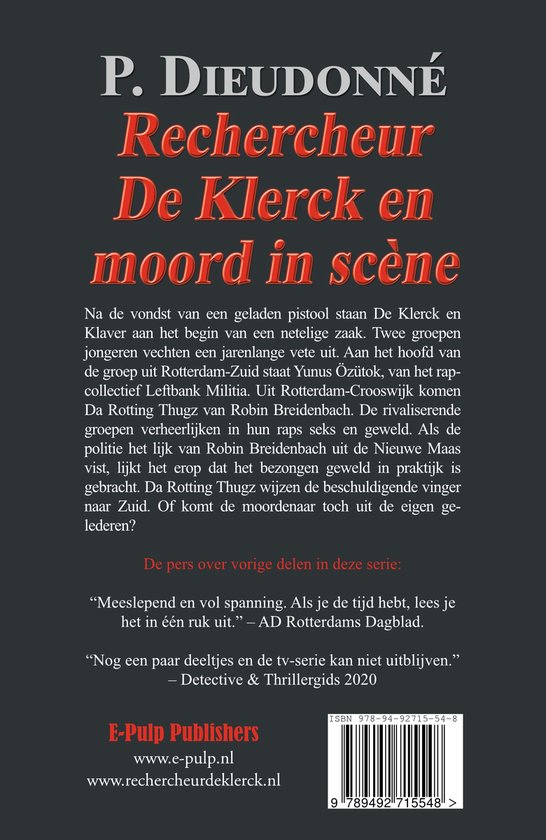 Boekcover met titel 'P. Dieudonné Rechercheur De Klerck en moord in scène'. Met deels tekst over het boek en citaten van de pers.