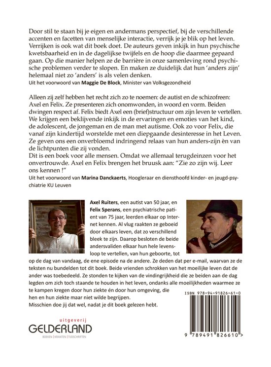 Boek met portretten van Axel en Felix, achterkant met ISBN-barcode en uitgever.
