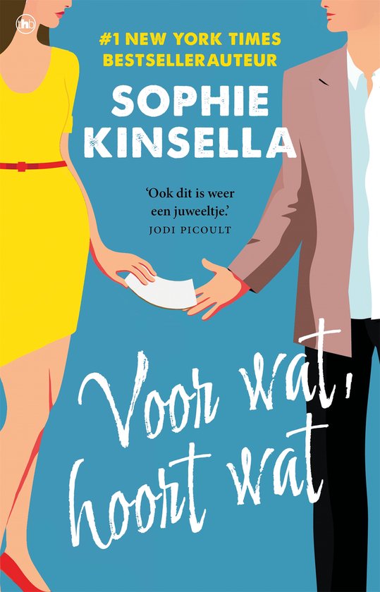 Boekcover met de titel 'Voor wat, hoort wat' van Sophie Kinsella. Een gele jurk en een bruin colbert.