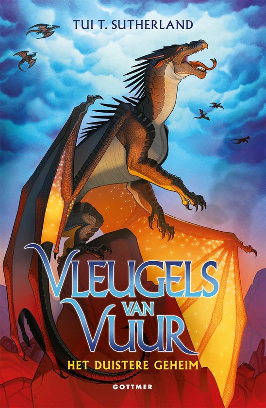 Couverture de livre avec une illustration d'un dragon ardent aux ailes oranges sur un ciel bleu orageux.