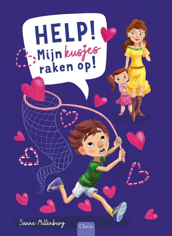 Een jongen met een schepnet probeert hartjes te vangen. Op de achtergrond staan een moeder en kind.