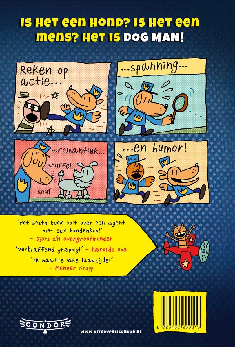 De achterkant van het Dog Man boek met vier illustraties: Dog Man die een dief vangt, Dog Man die een vergrootglas gebruikt, Dog Man met een hond, en Dog Man die met een kat lacht.