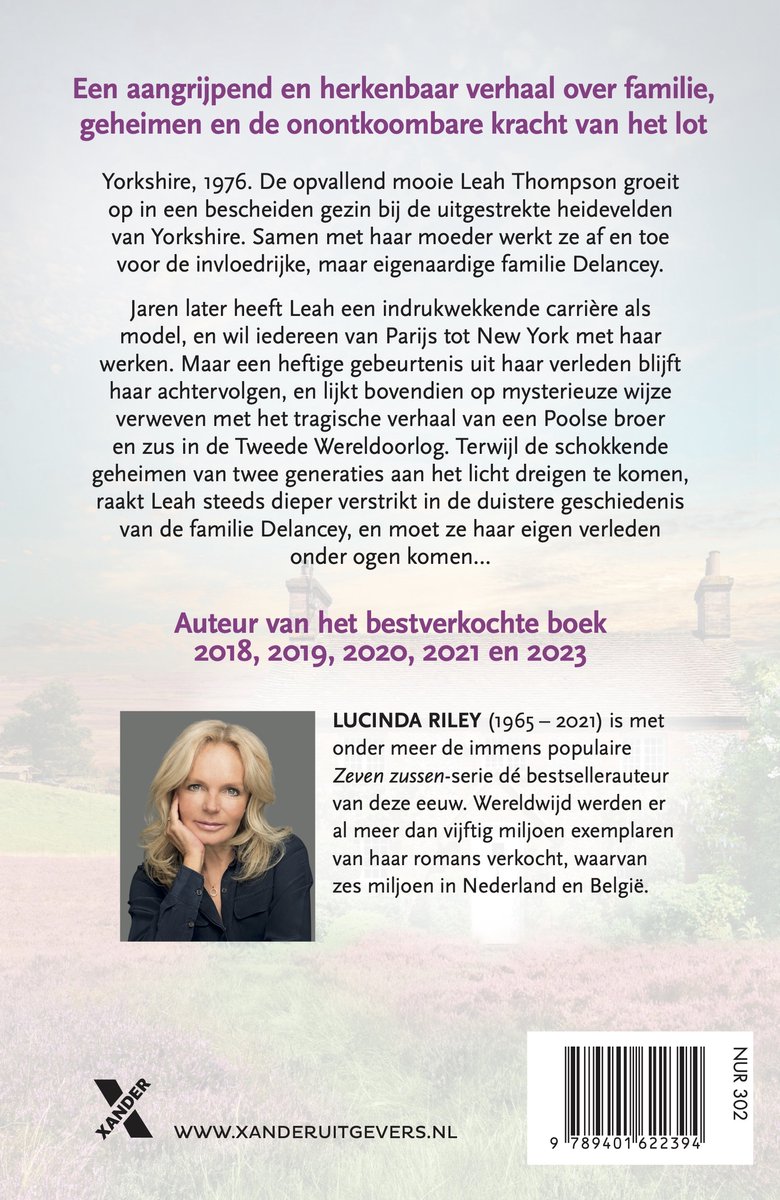 Achterkant van het boek met een portret van Lucinda Riley en de tekst over het verhaal en de auteur.
