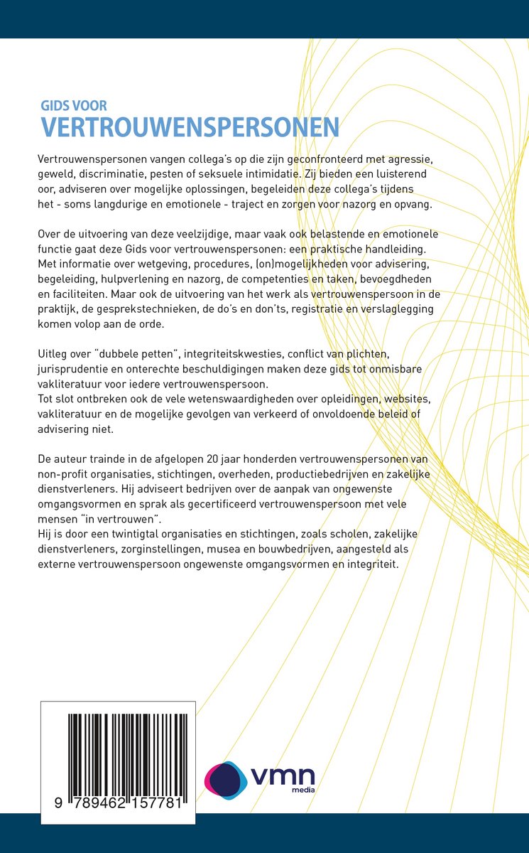 Achterkant van het boek 'Gids voor vertrouwenspersonen'. Met tekst en streepjescode.