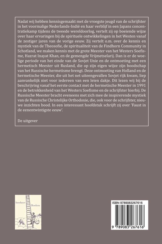 Achterkant boek: Tekst met ISBN en streepjescode. Kleine illustratie van een figuur op een ladder.