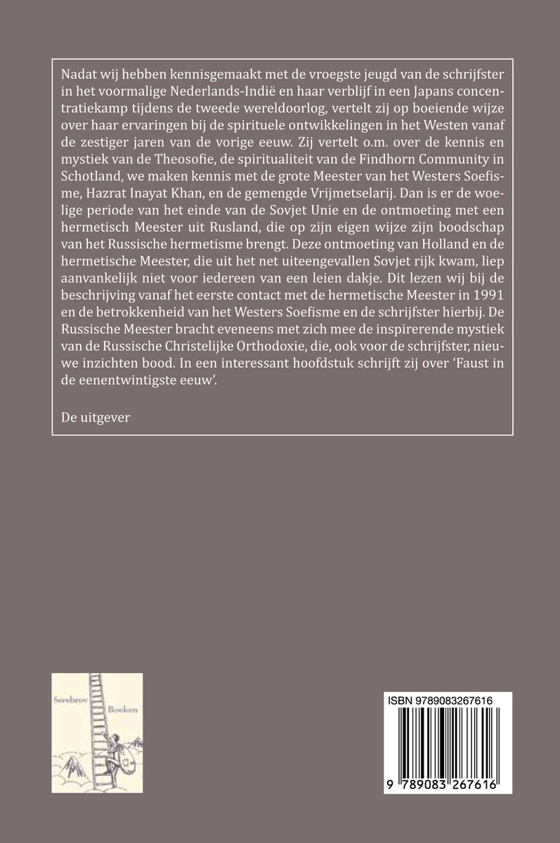 Achterkant boek: Tekst met ISBN en streepjescode. Kleine illustratie van een figuur op een ladder.