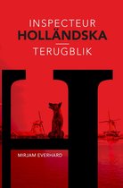 Boekcover met silhouetten van windmolens en een hond, tegen rode achtergrond. Titel: Inspecteur Holländska Terugblik.
