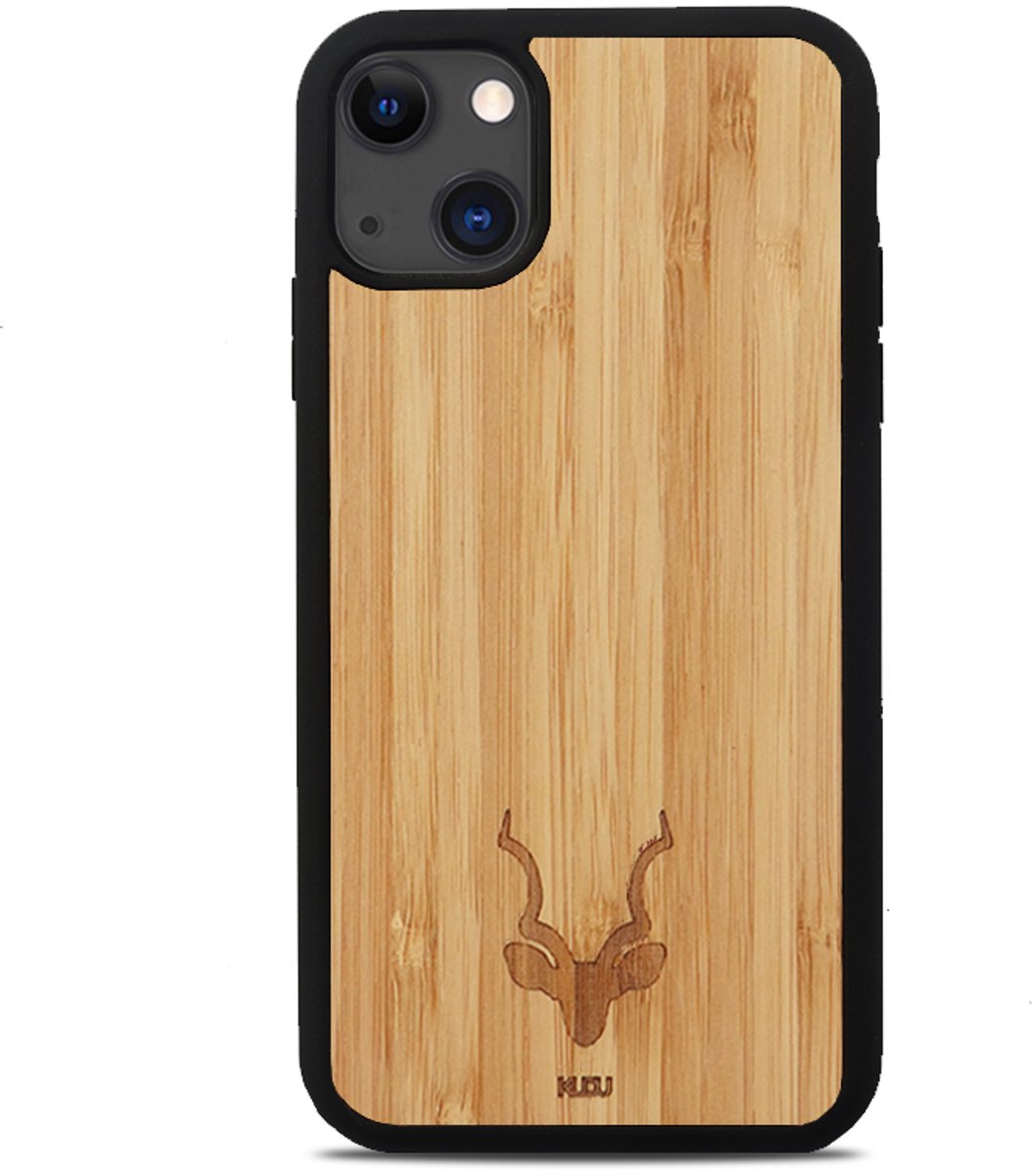 Kudu iPhone 15 hoesje case - Houten backcover - Handgemaakt en afgewerkt met duurzaam TPU - Bamboe - Zwart