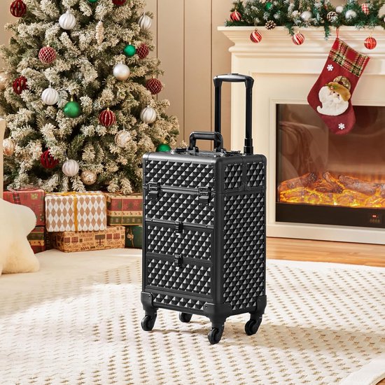 3-in-1 cosmeticakoffer met 2 laden, make-upkoffer met 360° draaibare wielen, make-upkoffer voor op reis, 34,5 x 24,5 x 58 cm, zwart, HMTM-BC-30020-BLACK