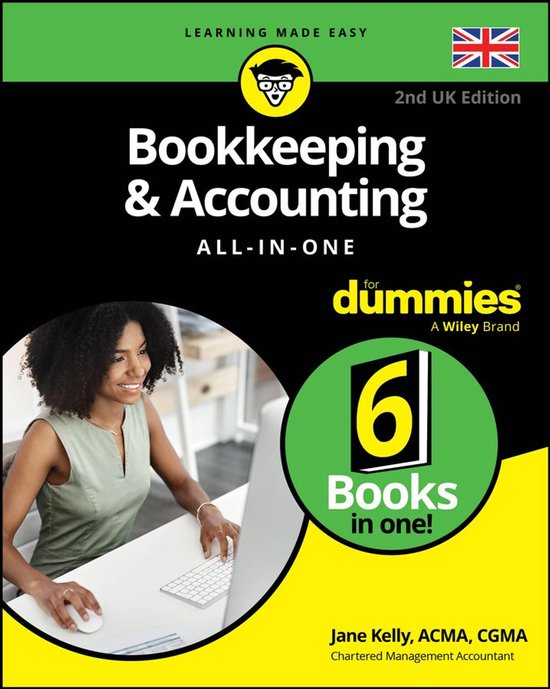 Boek 'Bookkeeping & Accounting All-in-One for Dummies, 2e editie VK'. Een jonge vrouw zit achter een bureau.