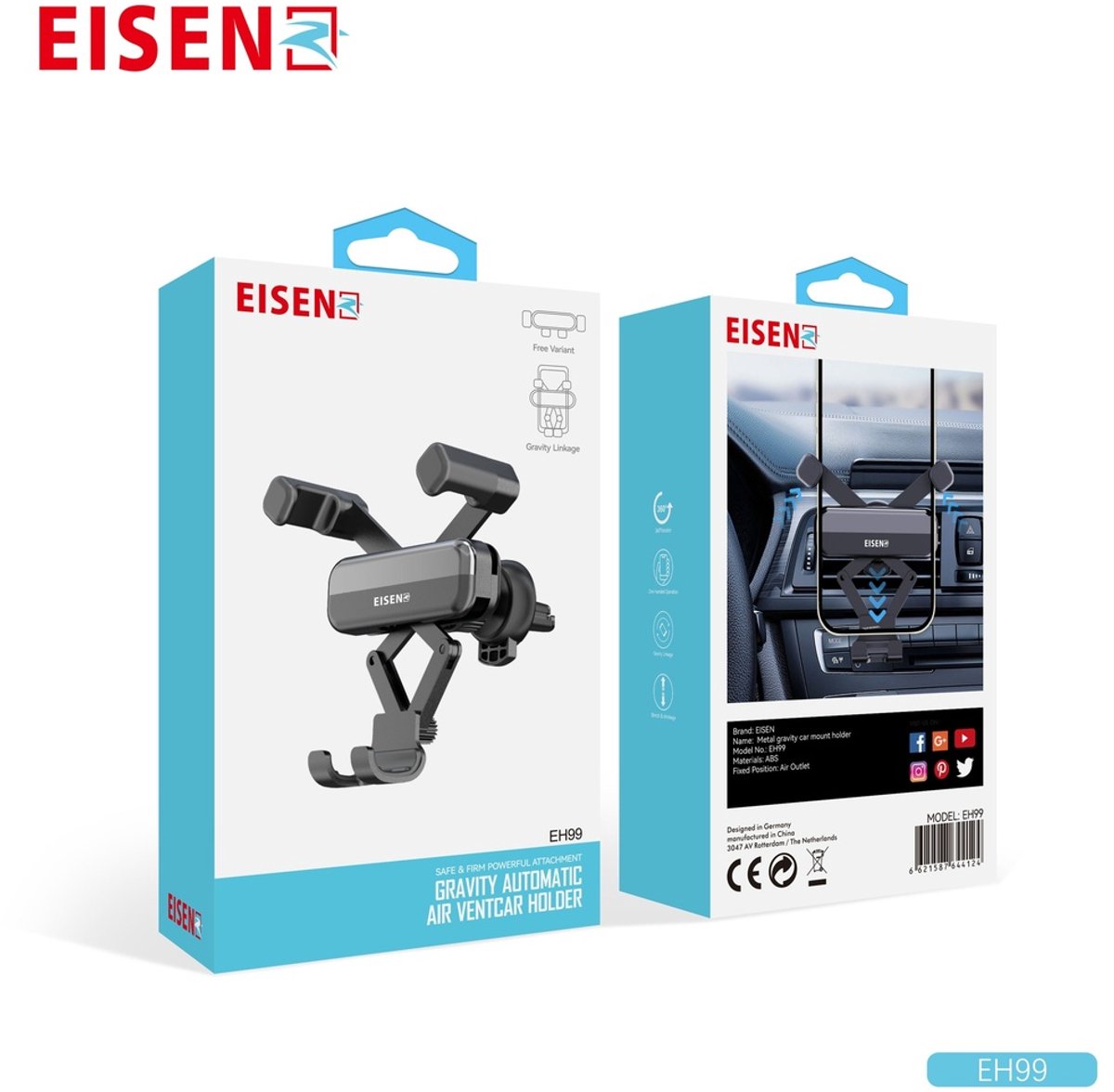 Eisenz EH99 - Gravity Auto Telefoonhouder - Ventilatierooster Klem - Automatische Klem - Verstelbare Kijkhoek - Zwart - Universeel