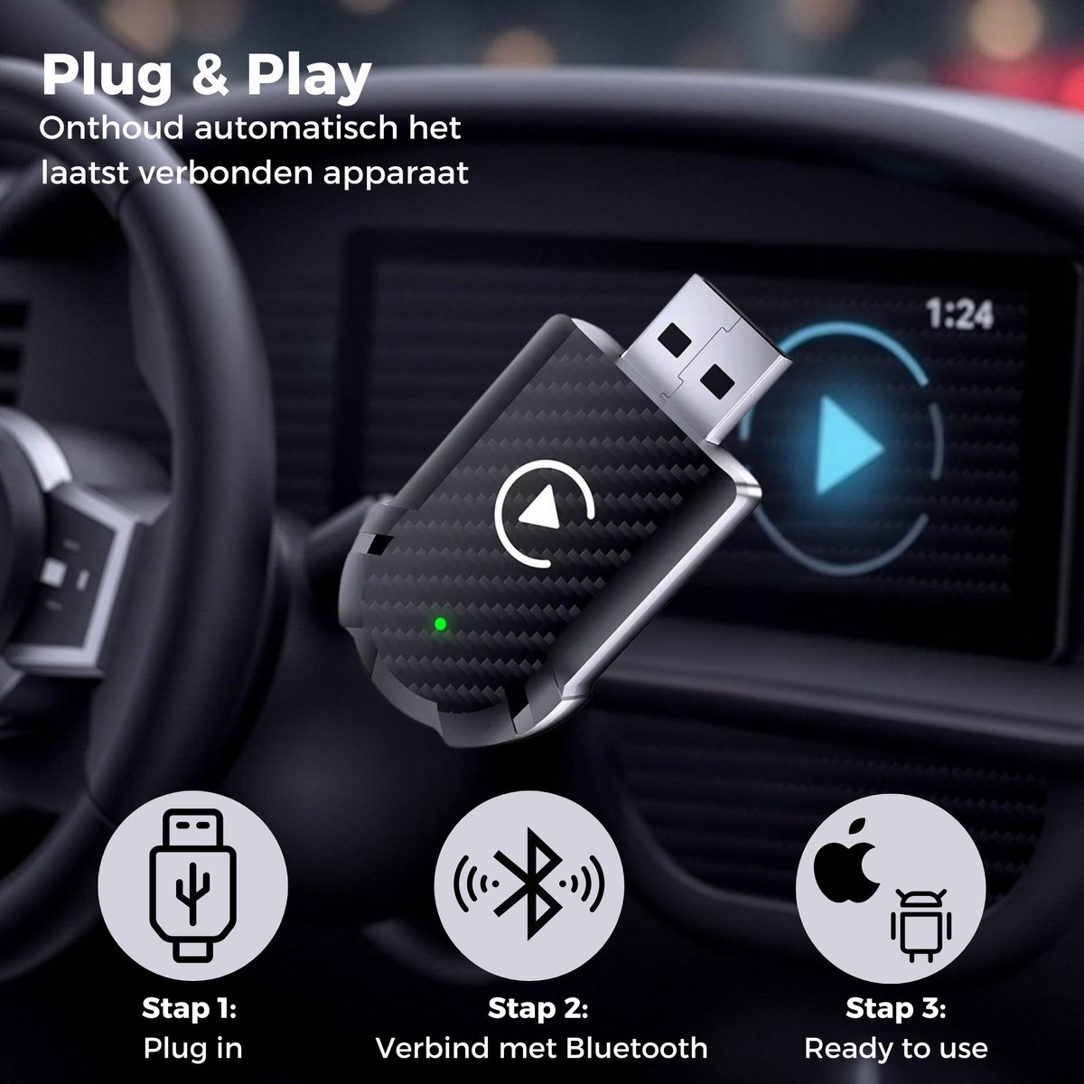 Nextora 2-in-1 CarPlay en Android Auto Dongle draadloos USB-C/A snelle verbinding voor auto, zwart - Afbeelding 5