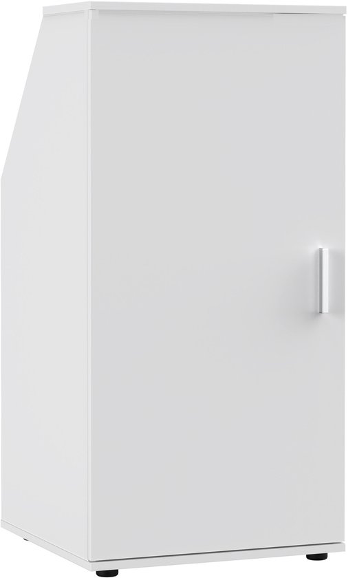 Gesloten witte kast met schuine wand en aan de zijkant een rechte deur met handvat.