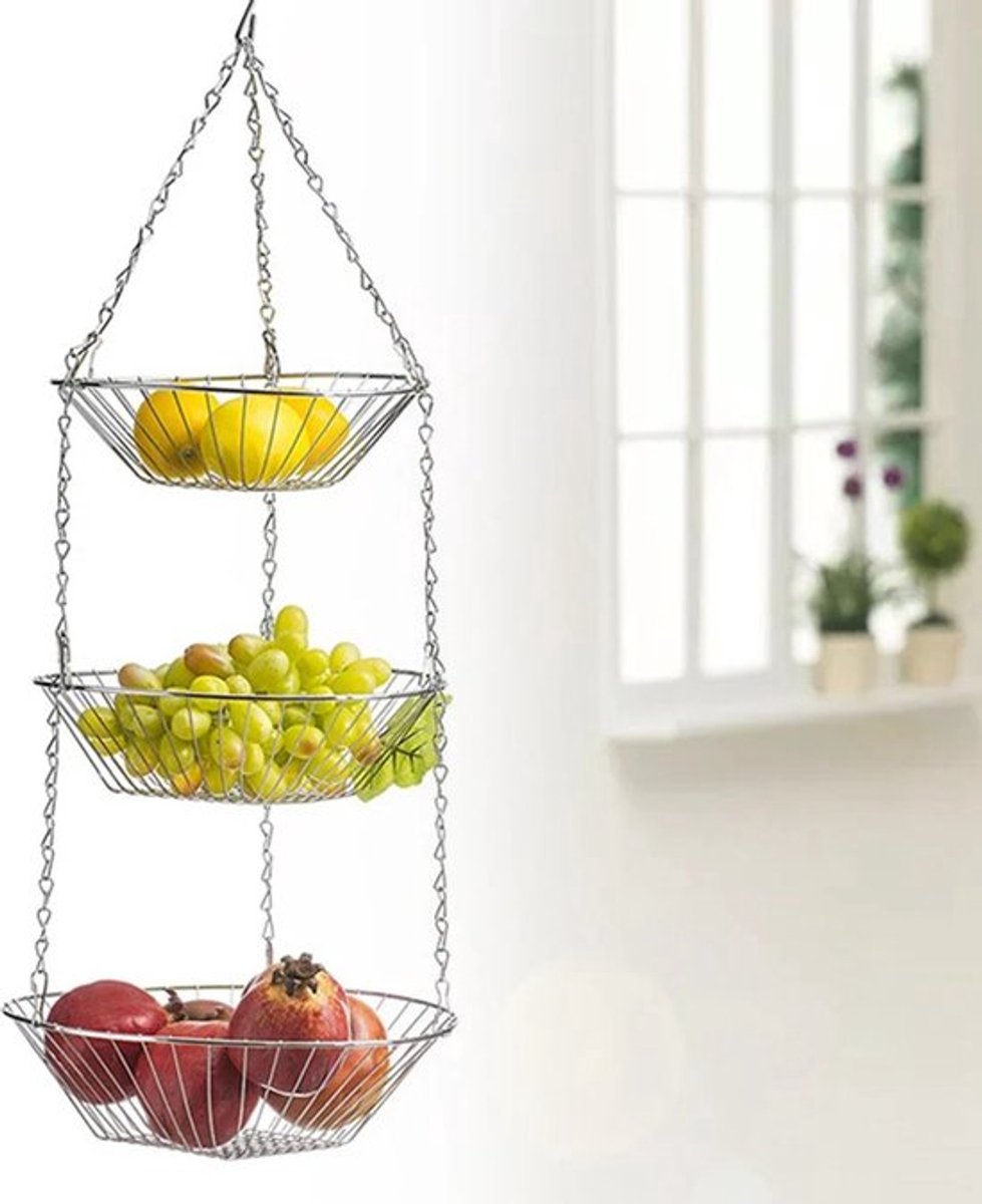 Gran Vida® - Hangende Fruitschaal - 3-laags Design - Ruimtebesparend - Zilveren Afwerking