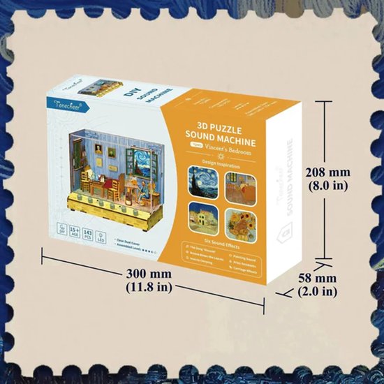 Verpakking van 3D-puzzel geluidsmachine 'Vincent's Bedroom', met afmetingen en afbeeldingen van het model.