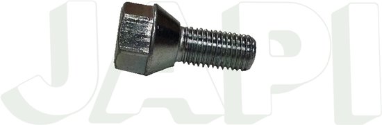 Een zilverkleurige wielbout M12x1,5 met een conische zitting, schroefdraad en een zeskantkop.