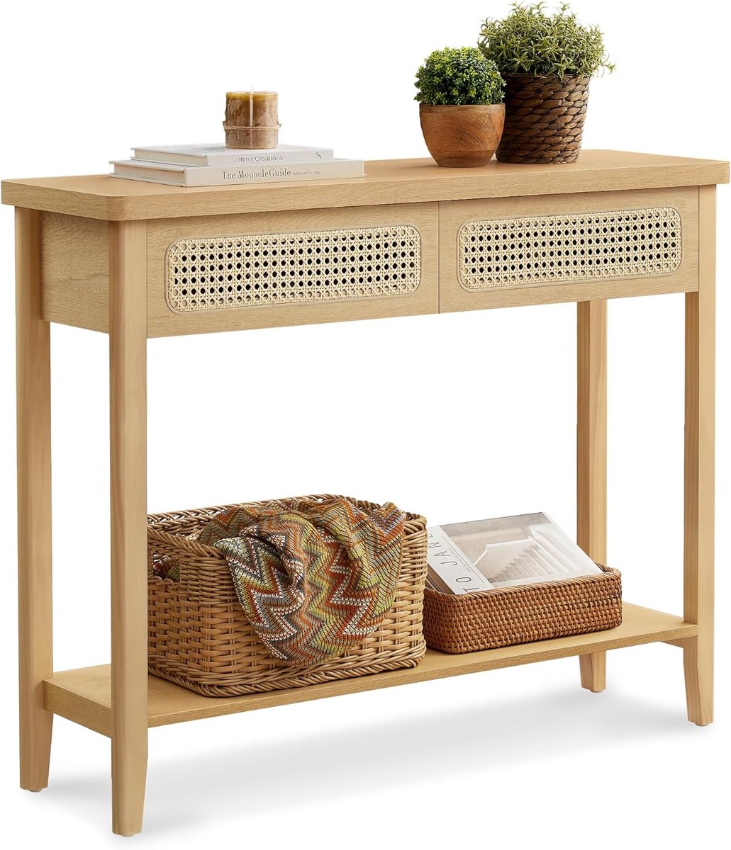 Furnstar Consoletafel – Haltafel met 2 Laden & Open Plank – Smalle Banktafel voor Hal of Woonkamer – Boho-Stijl – Afgeronde Hoeken – Grenenhout – LNT016Y57