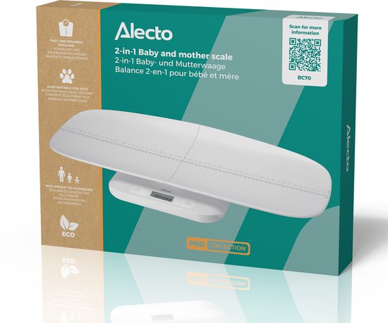 Alecto Babyweegschaal BC70 - Digitaal - 150kg - Groeimeter - Weegschaal ook voor volwassenen en dieren - Wit